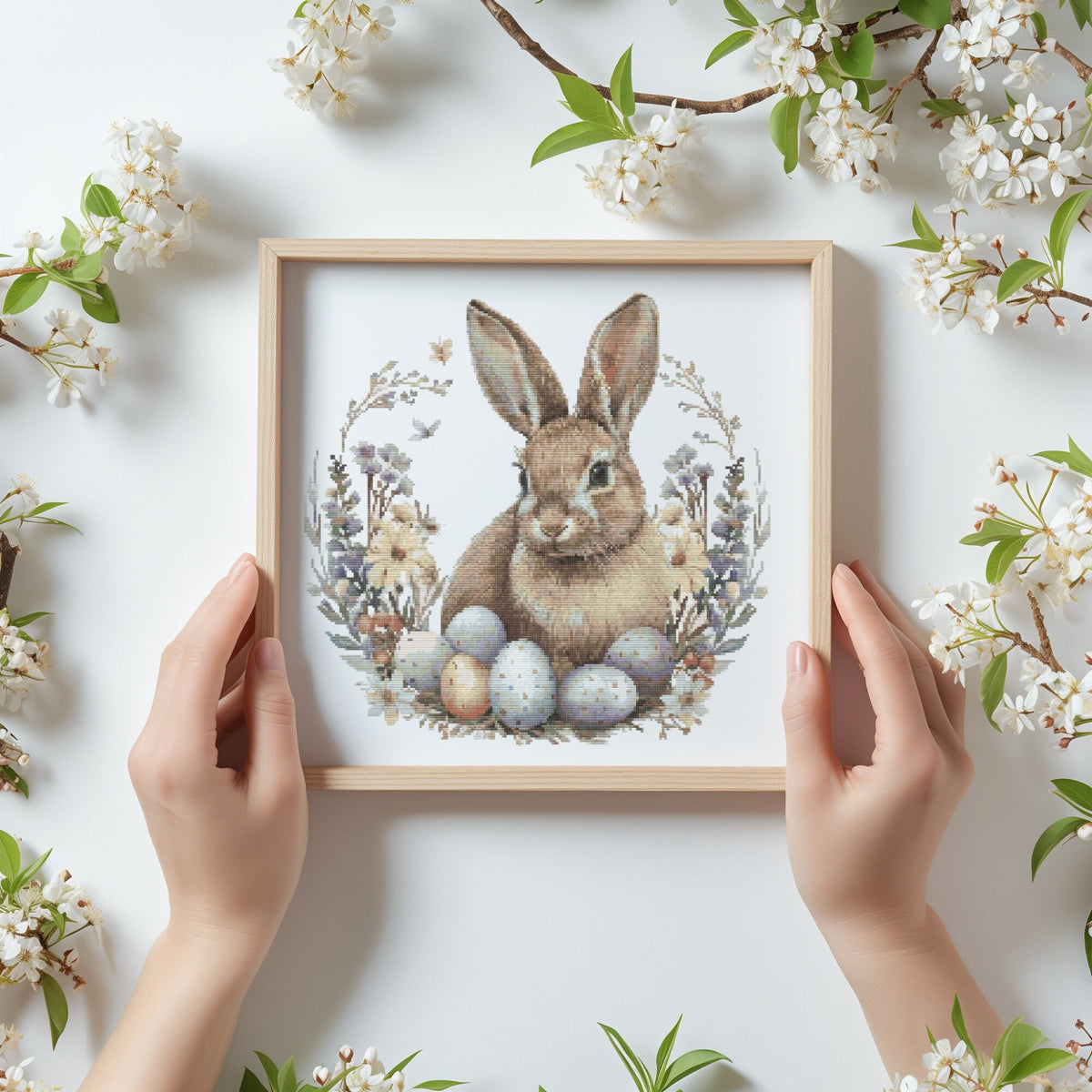 Cross Stitch Pattern With Easter Bunny, Spring Cross Stitch PDF, Modern Cross Stitch Designs, Easter Embroidery Pattern, Floral Pattern