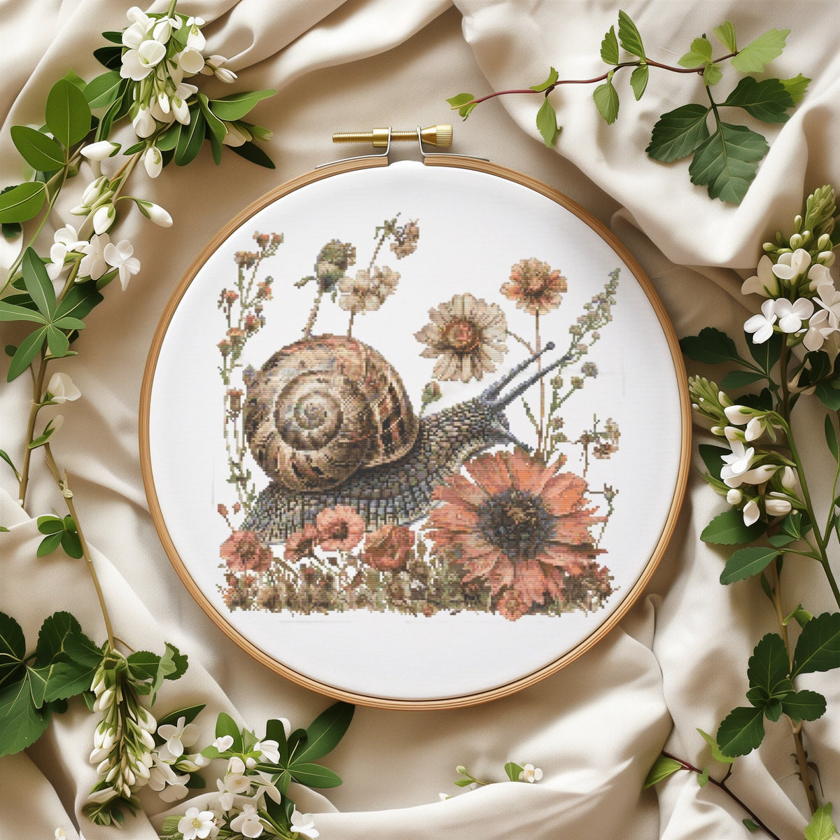 Floral Cross Stitch Pattern With Snail, Boho Flowers Embroidery Pattern, Modern Cross Stitch Designs, Counted Cross Stitch Patern Pdf