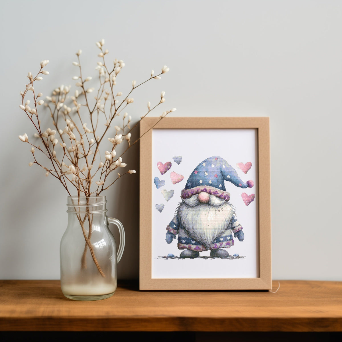 Gnome Cross Stitch Pattern, Valentines Day Embroidery Pdf With Pink Hearts, Valentine Gnome Cross Stitch Art, Counted Cross Stitch Sampler