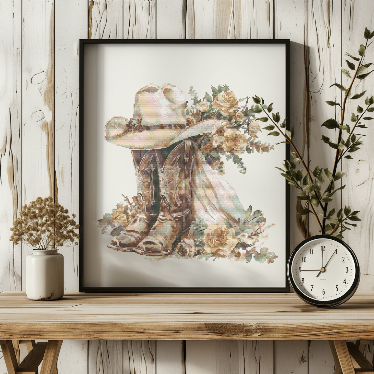 Watercolor Cross Stitch Pattern With Cowboy Boots, Hat, Modern Cross Stitch Art, Western Embroidery Designs, Wedding Cross Stitch Sampler