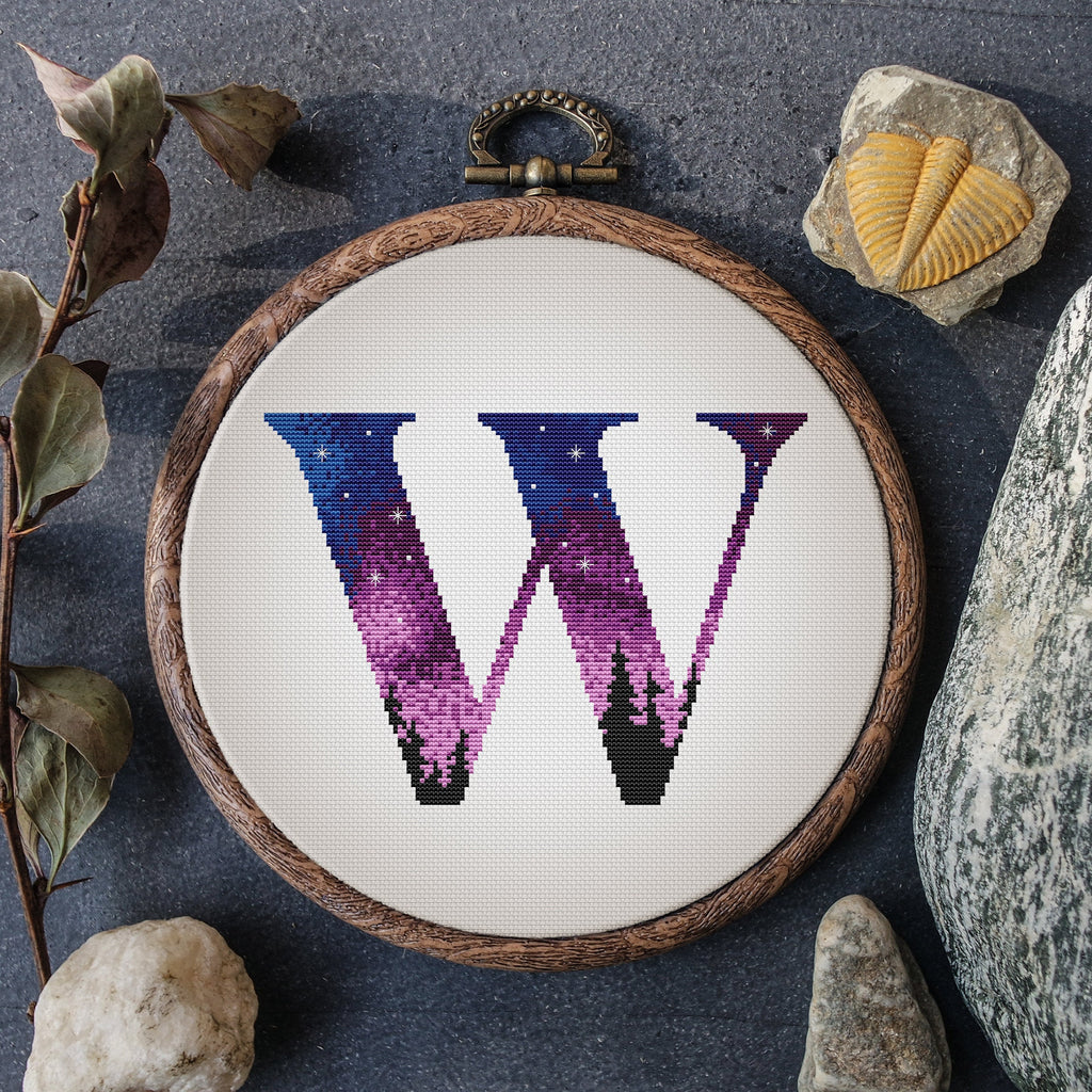 Counted Cross Stitch Pattern With Letter W, Custom Cross Stitch Chart, Forest Embroidery File, Modern  Cross Stitch Art, Personalized Gift