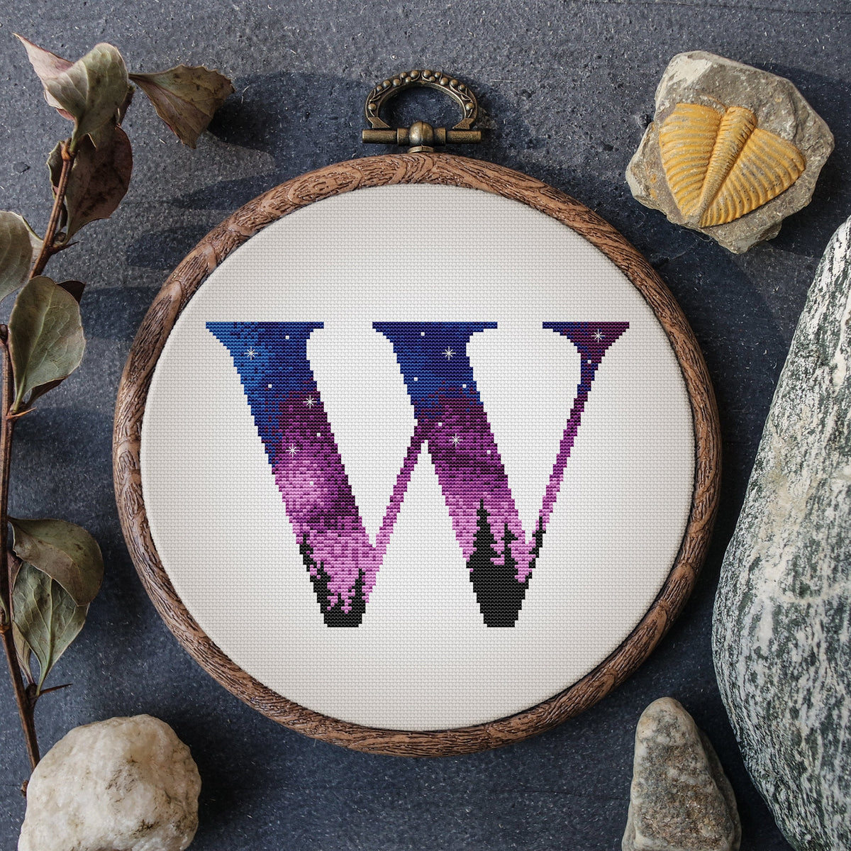Counted Cross Stitch Pattern With Letter W, Custom Cross Stitch Chart, Forest Embroidery File, Modern  Cross Stitch Art, Personalized Gift