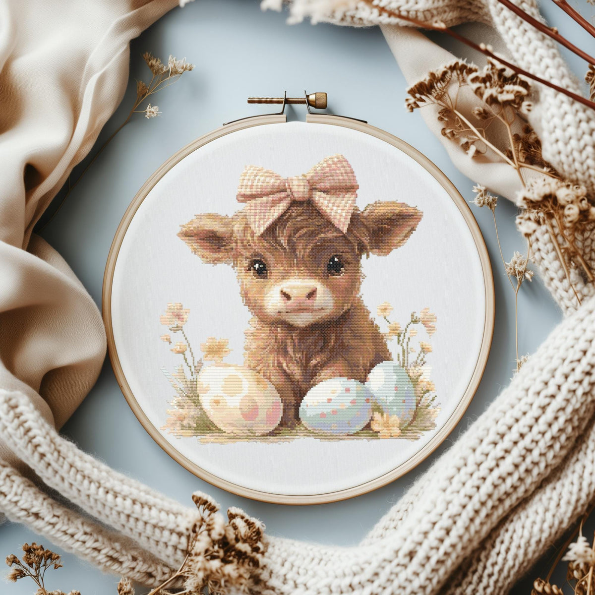 Easter Cross Stitch Pattern With Highland Cow Cottagecore Cross Stitch Design Happy Easter Embroidery Pattern PDF Spring Cross Stitch Chart