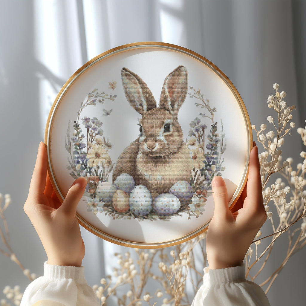 Cross Stitch Pattern With Easter Bunny, Spring Cross Stitch PDF, Modern Cross Stitch Designs, Easter Embroidery Pattern, Floral Pattern