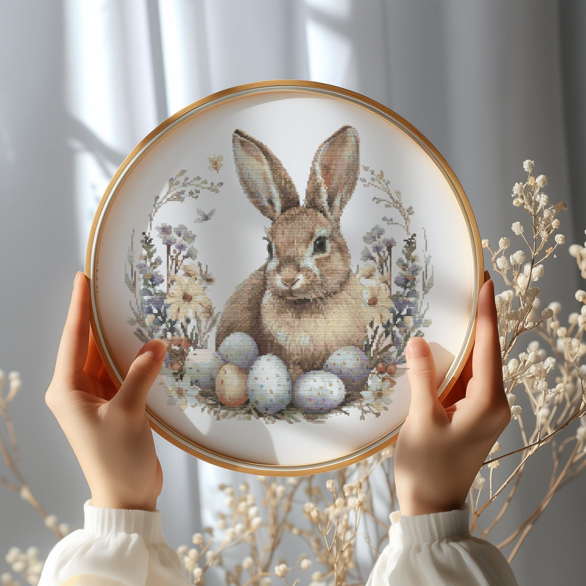 Cross Stitch Pattern With Easter Bunny, Spring Cross Stitch PDF, Modern Cross Stitch Designs, Easter Embroidery Pattern, Floral Pattern