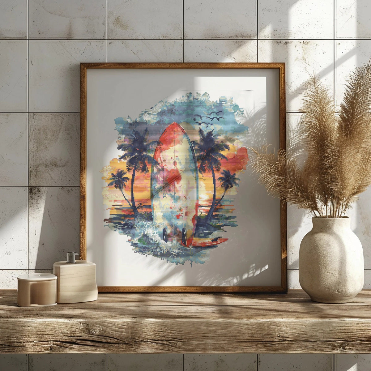 Cross Stitch Pattern With Surfer In Sunset, Counted, Beach Cross Stitch Designs, Coast Embroidery Samplers, Watercolor Cross Stitch Charts