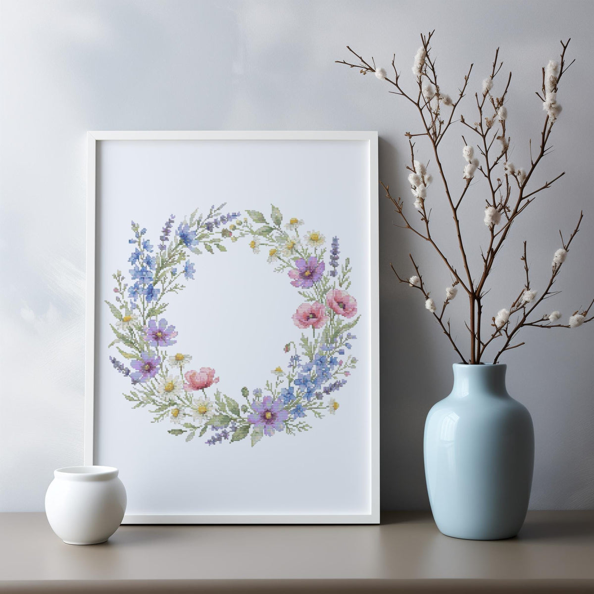 Cross Stitch Pattern PDF With Floral Wreath, Counted Embroidery Pattern, Watercolor Cross Stitch Chart, Unique Mother's Day Gifts