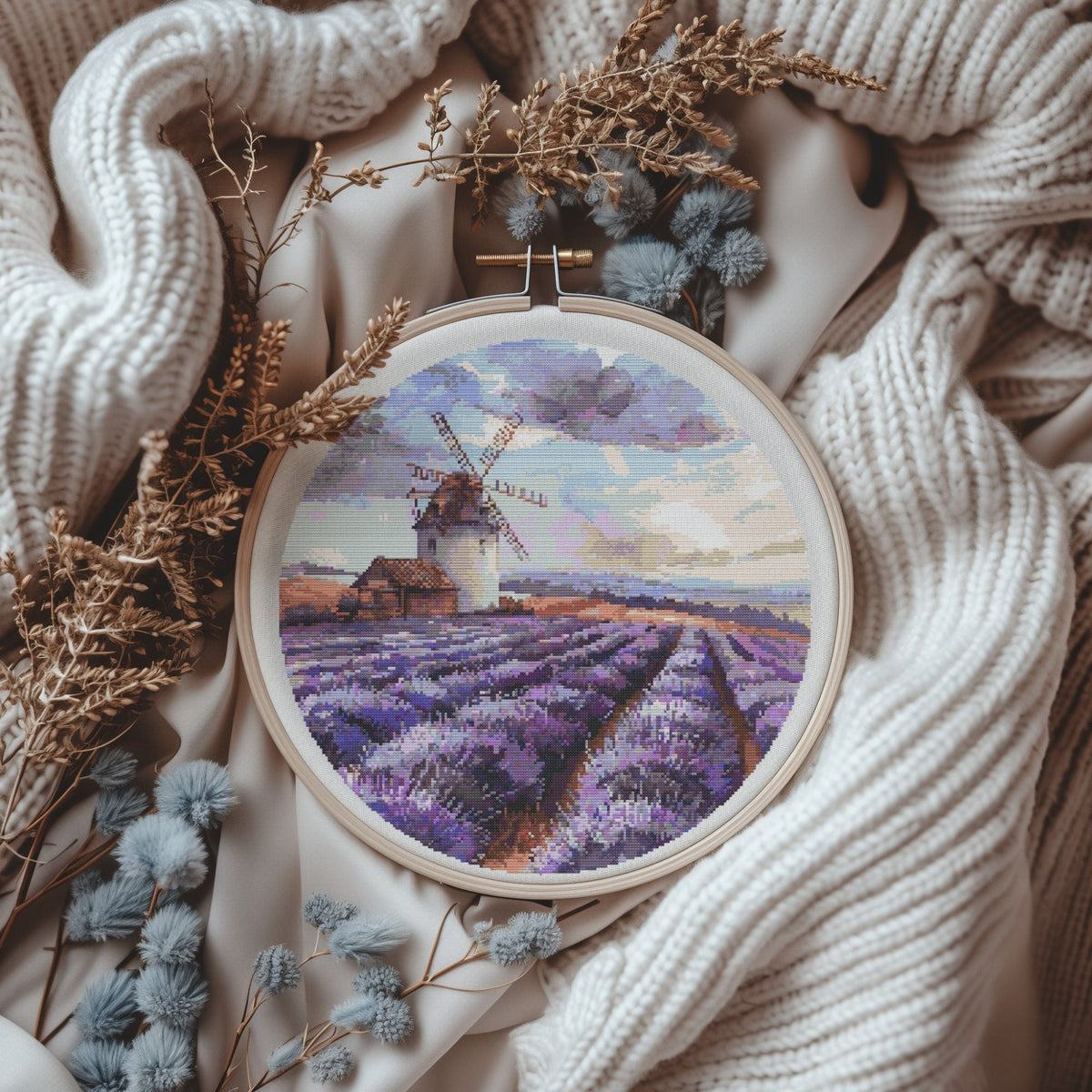Cross Stitch Pattern With Windmill In Lavender Modern Cross Stitch Art Embroidery Design Landscape Cross Stitch PDF Count Cross Stitch Chart