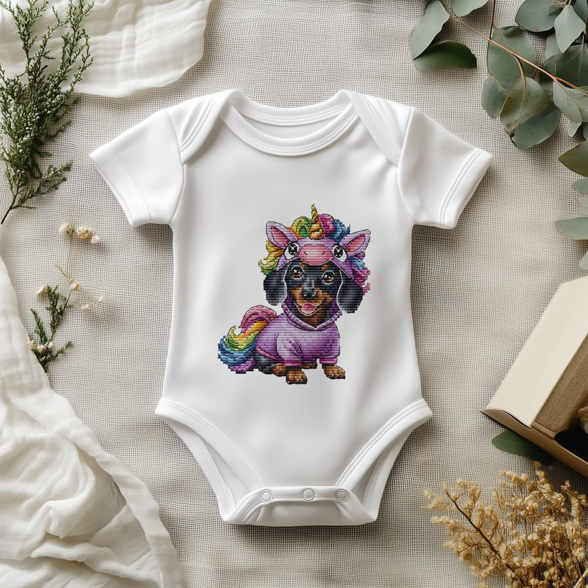 PDF Cross Stitch Pattern — Dachshund in Unicorn Costume | Fun Fantasy Dog Embroidery Design