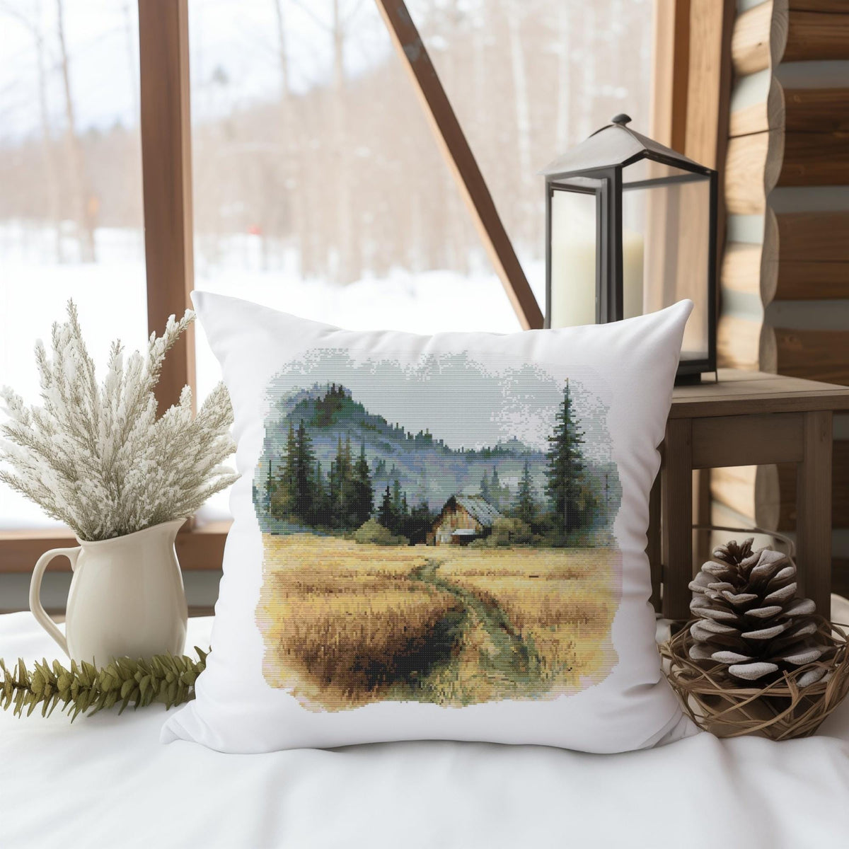 Landscape Cross Stitch Pattern With Hut, Cottagecore Cross Stitch Samplers, Nature Embroidery Designs, Counted Cross Stitch, Gift For Him