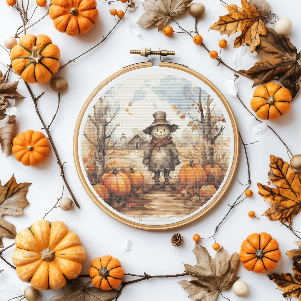 Fall Cross Stitch Pattern With Spooky Pumpkins, Counted Cross Stitch Pdf, Halloween Embroidery Designs, Watercolor Cross Stitch Pdf
