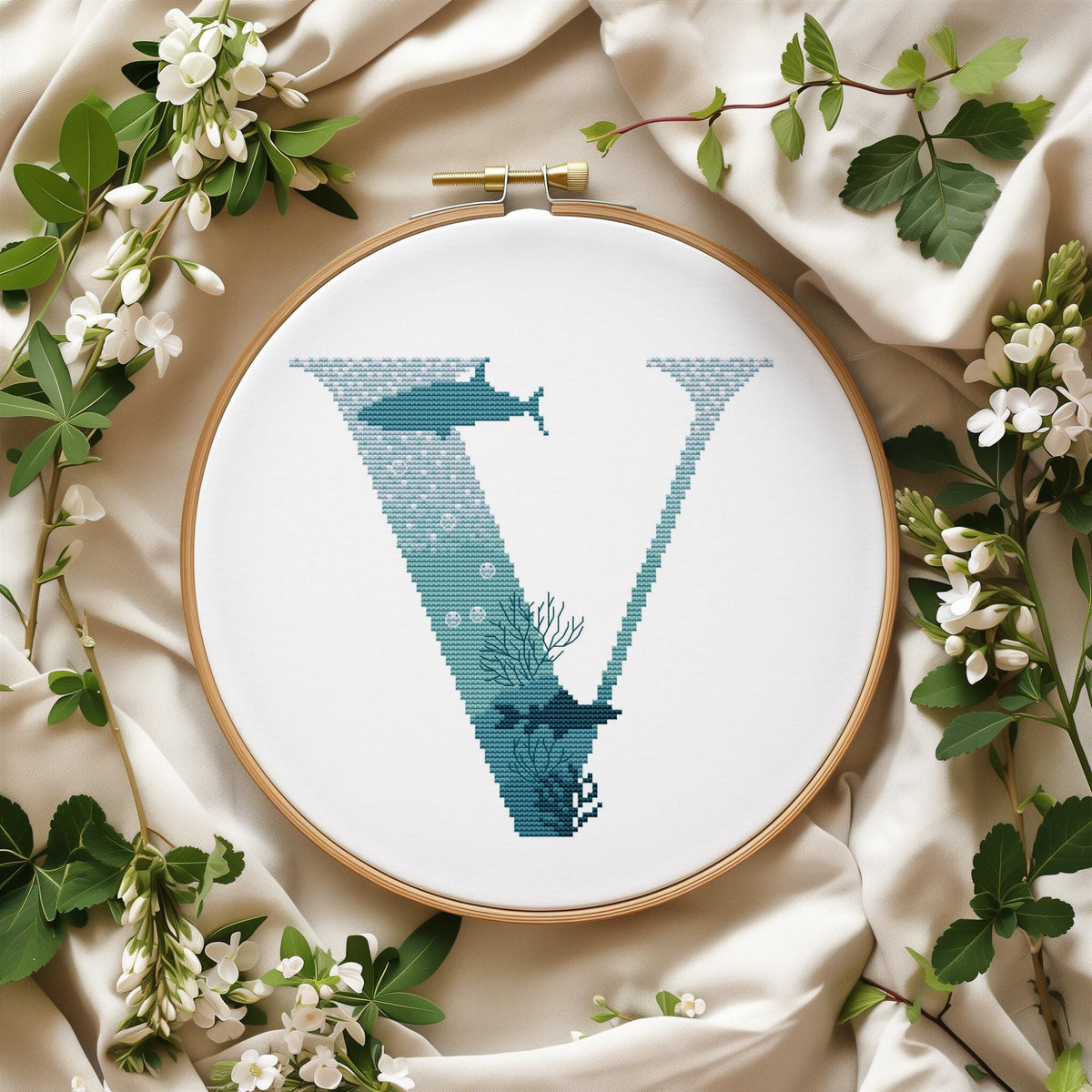 Custom Cross Stitch Pattern With Letter V, Counted, Name Embroidery Designs, Marine Monogram Cross Stitch Chart, Personal Mother Gifts