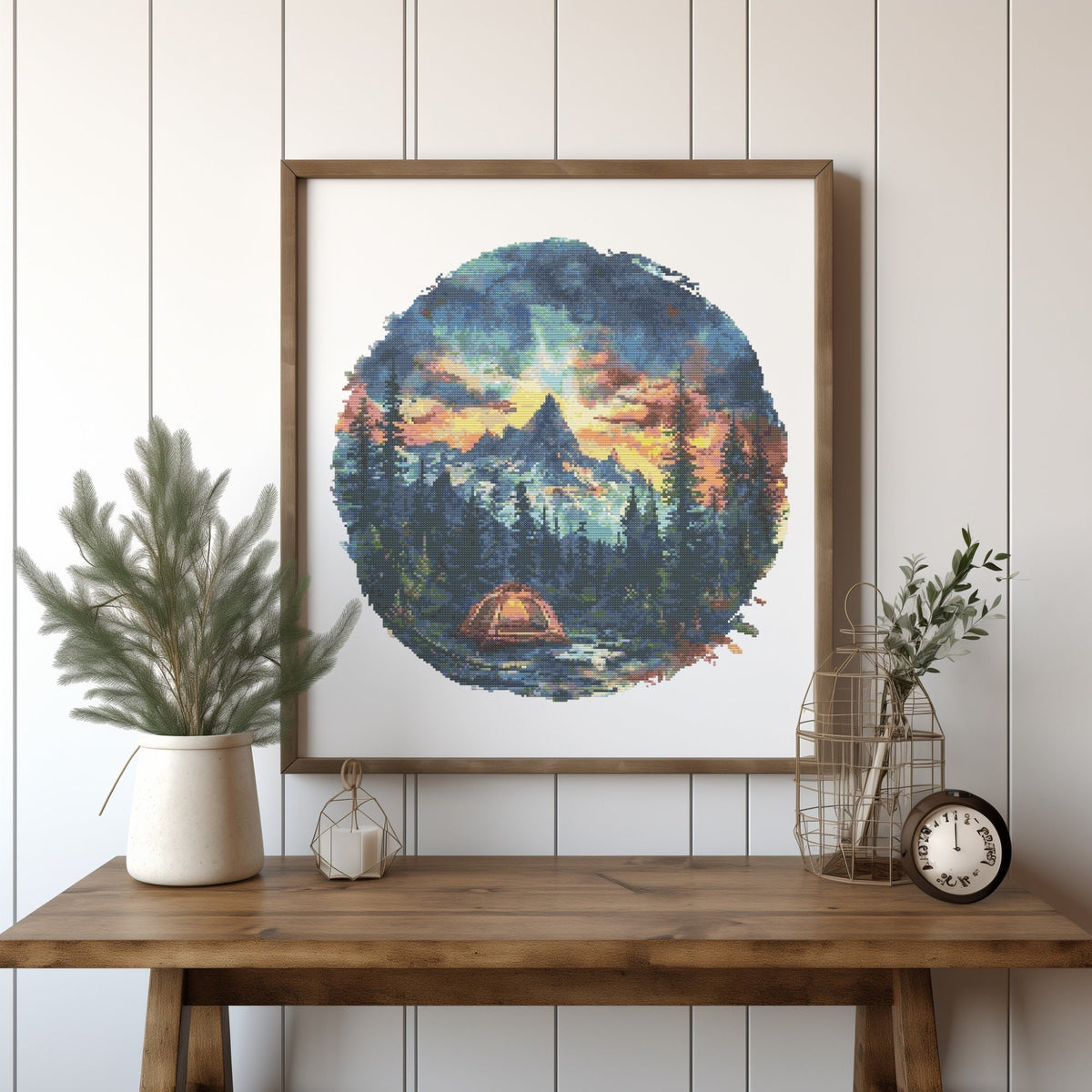 Camping Cross Stitch Pattern, Nature Cross Stitch Design, Forest Landscape Embroidery Pattern, Counted, Cross Stitch Chart With Mountains