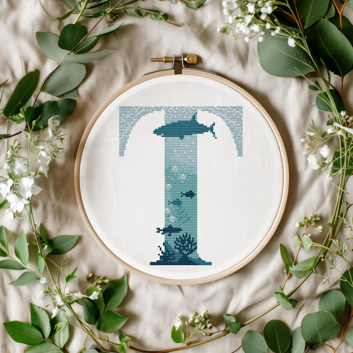 Customisable Cross Stitch Pattern PDF With Letter T, Counted, Family Initials Embroidery Designs, Marine Monogram Cross Stitch Charts