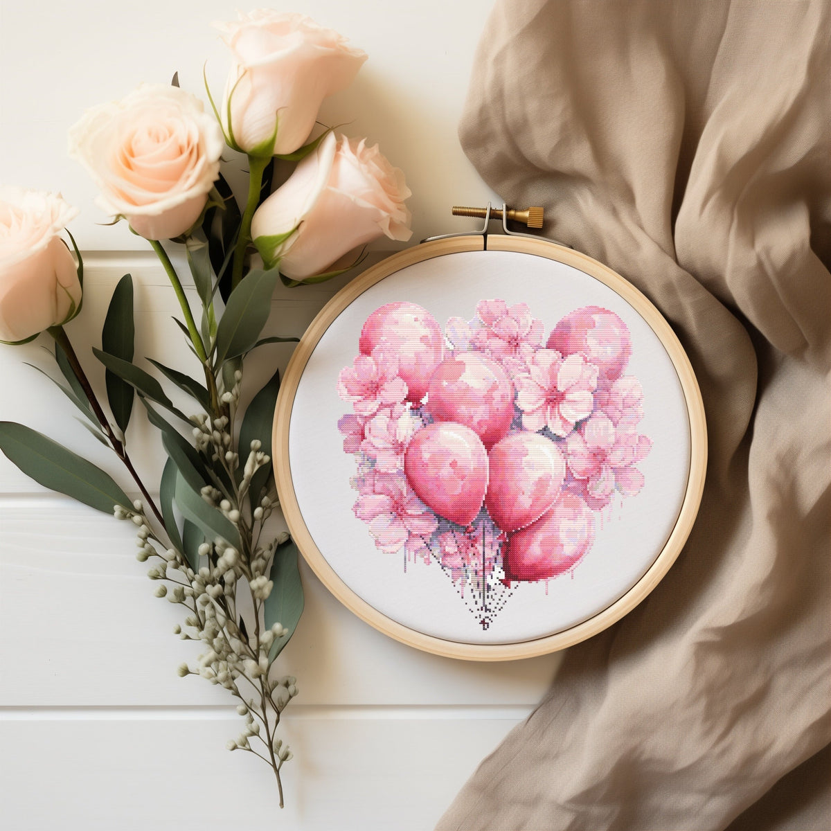 Birthday Cross Stitch Pattern PDF, Valentine's Day Embroidery Pattern, Heart Cross Stitch Chart, Pink Balloons Cross Stitch Samplers