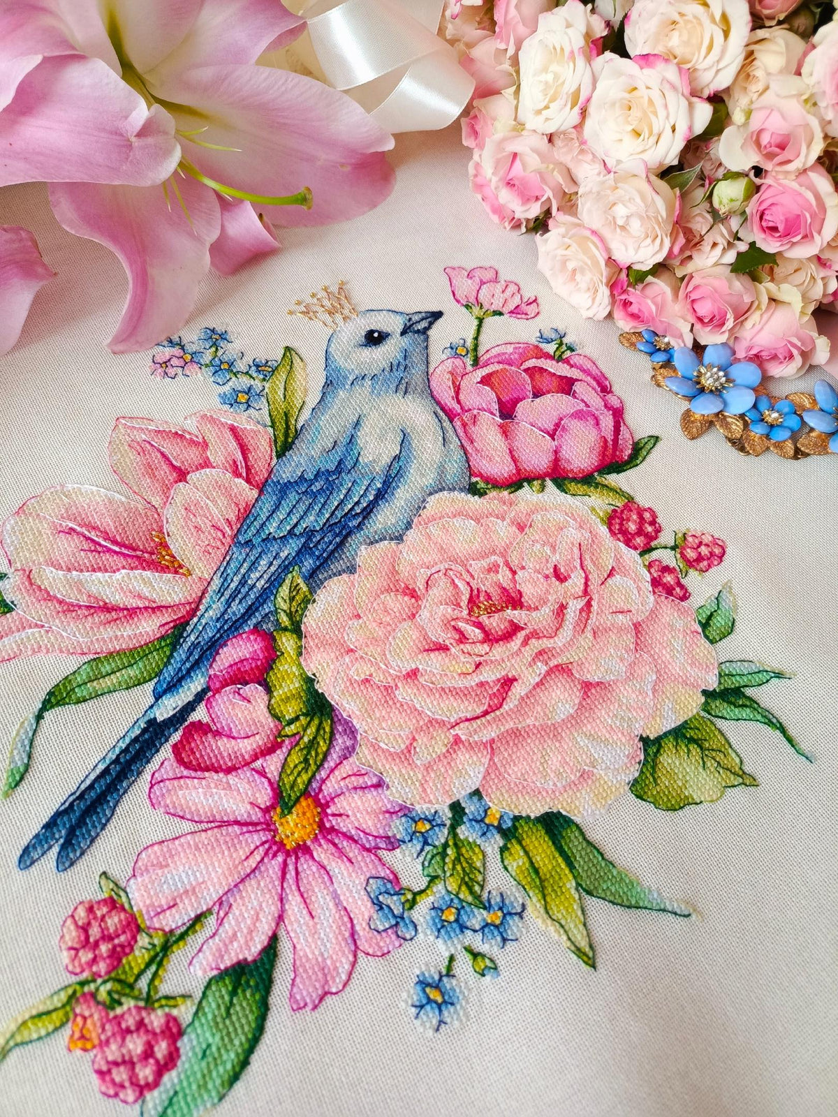 Floral Cross Stitch Pattern With Bird, Embroidery Design, Floral Cross Stitch Pdf, Counted Cross Stitch Art For Advanced Stitcher, Saga File
