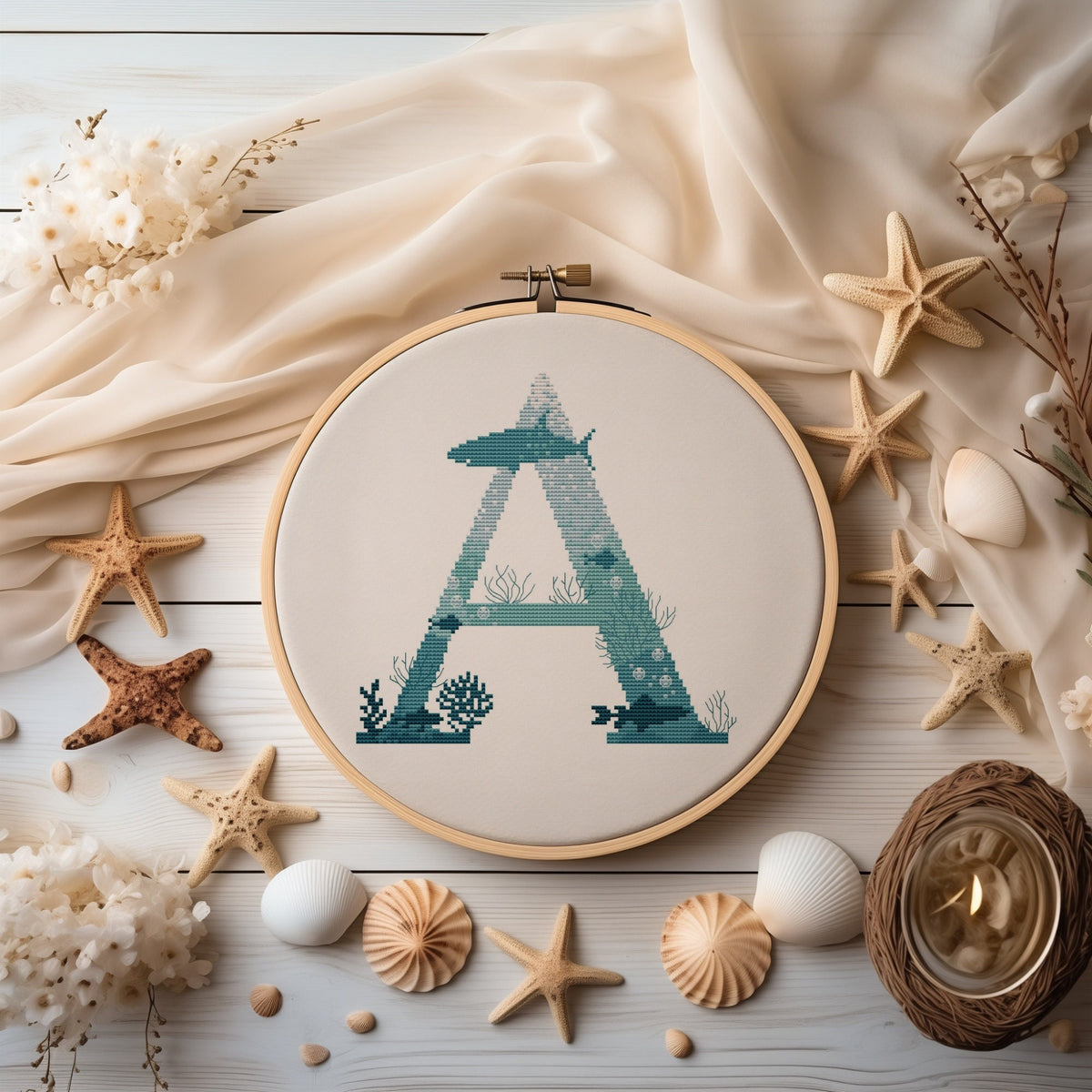 Modern Letter Cross Stitch Pattern Counted Family Initials Embroidery Designs Marine Monogram Cross Stitch Chart Easy Cross Stitch