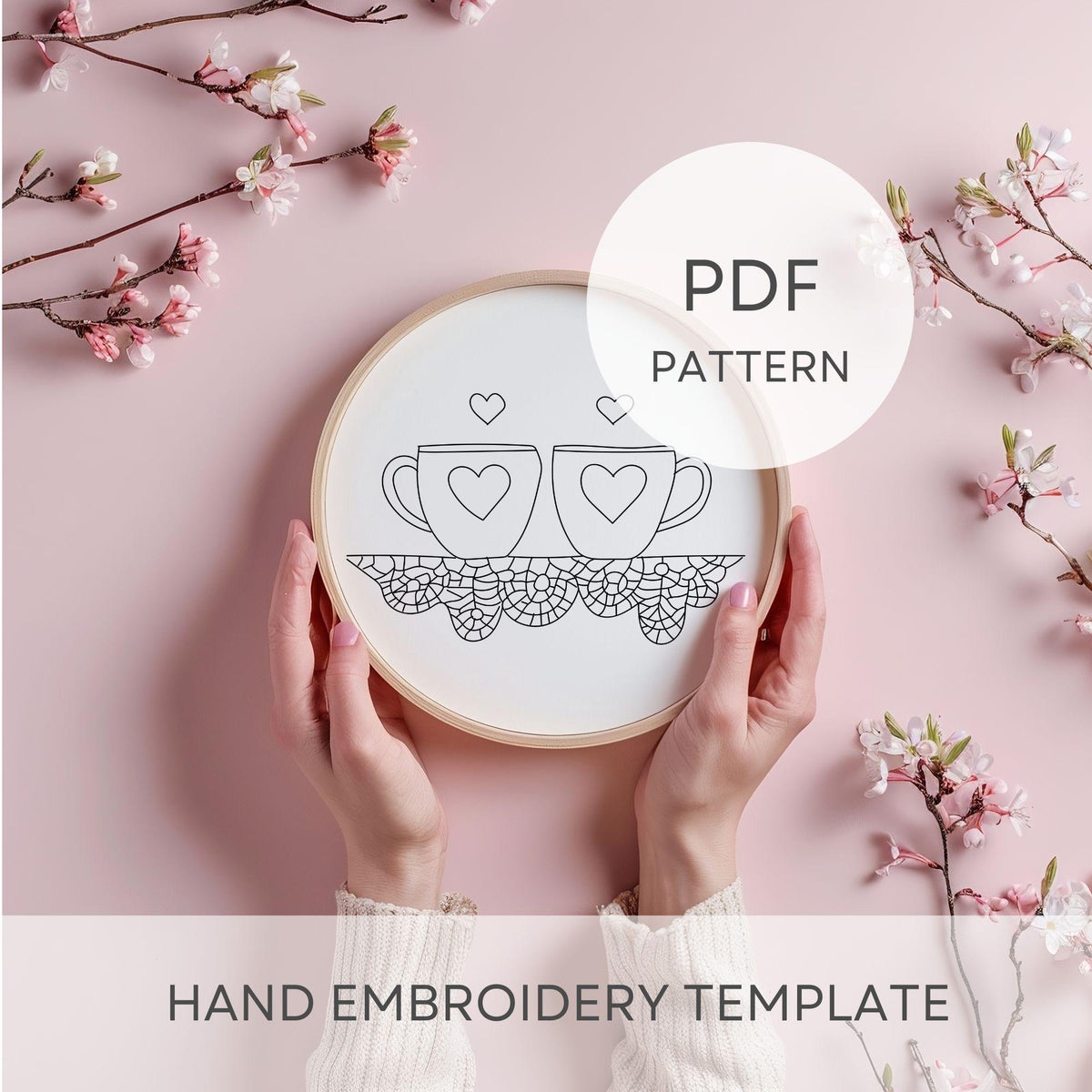 Embroidery Pattern, Cottagecore Embroidery Designs, Cosy Hand Embroidery Template, Kitchen Embroidery File With 2 Coffee Mugs For Beginners