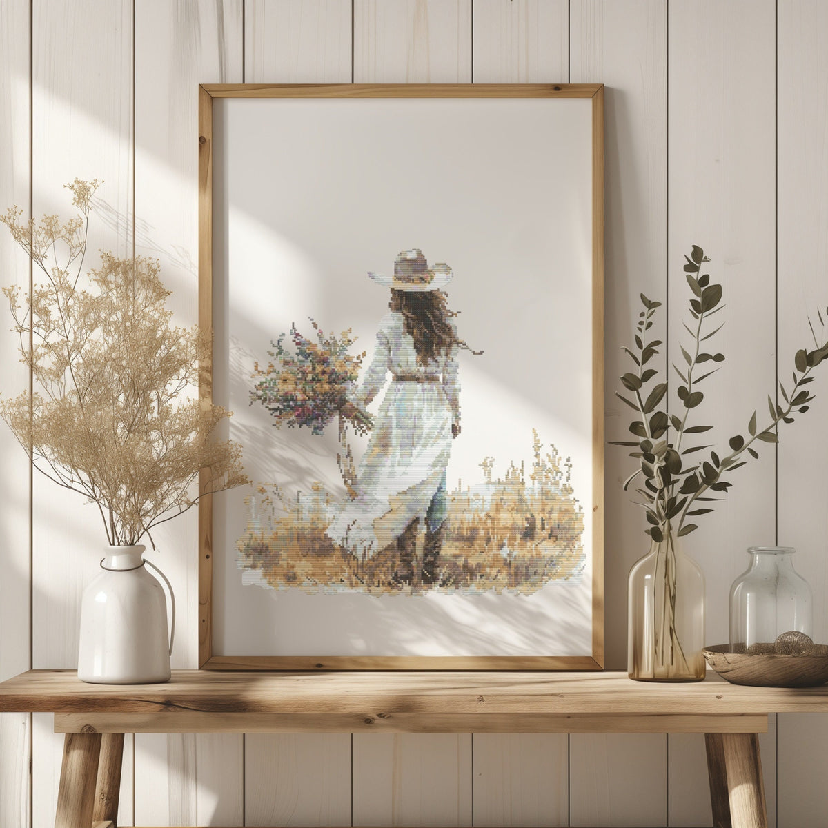 Watercolor Cross Stitch Pattern With Cowgirl Bride Modern Cross Stitch Designs Floral Embroidery Designs Western Cross Stitch Charts