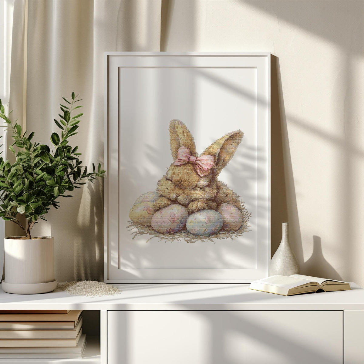 Easter Cross Stitch Pattern With Cute Rabbit, Counted Cross Stitch Designs, Hare Embroidery Pattern, Spring Cottagecore Home Decor
