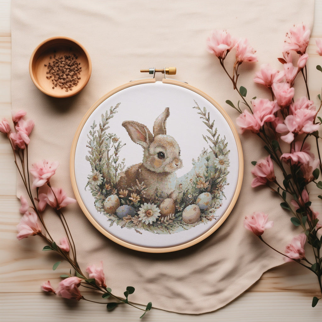 Cross Stitch Pattern With Easter Bunny, Modern Cross Stitch Designs, Easter Embroidery Pattern, Spring Cross Stitch Pattern, Floral Pattern