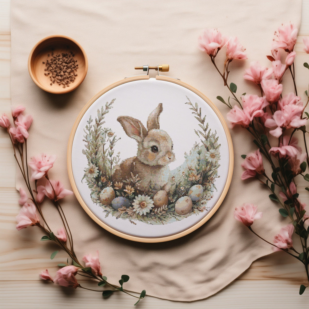 Cross Stitch Pattern With Easter Bunny, Modern Cross Stitch Designs, Easter Embroidery Pattern, Spring Cross Stitch Pattern, Floral Pattern
