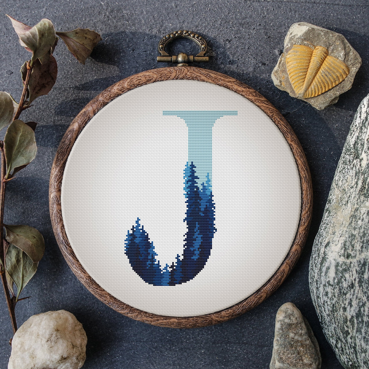 Counted Cross Stitch Pattern Monogram J With Trees Family Name Embroidery Nature Custom Modern Woodland Letter J Digital Download