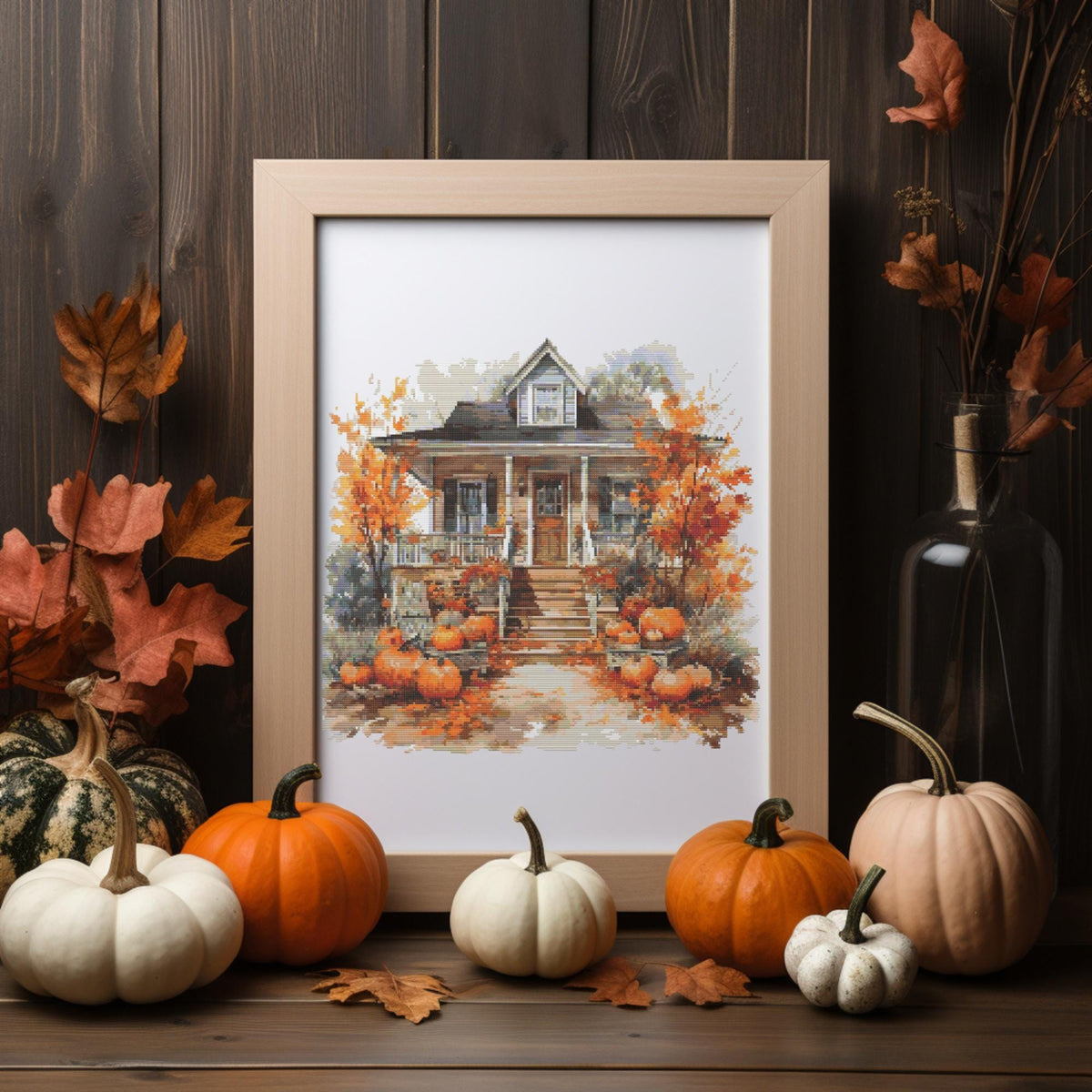 Cross Stitch Pattern With Fall Scenery Autumn Landscape Cross Stitch Designs Rustic Country Embroidery Pattern Counted Cross Stitch Pattern