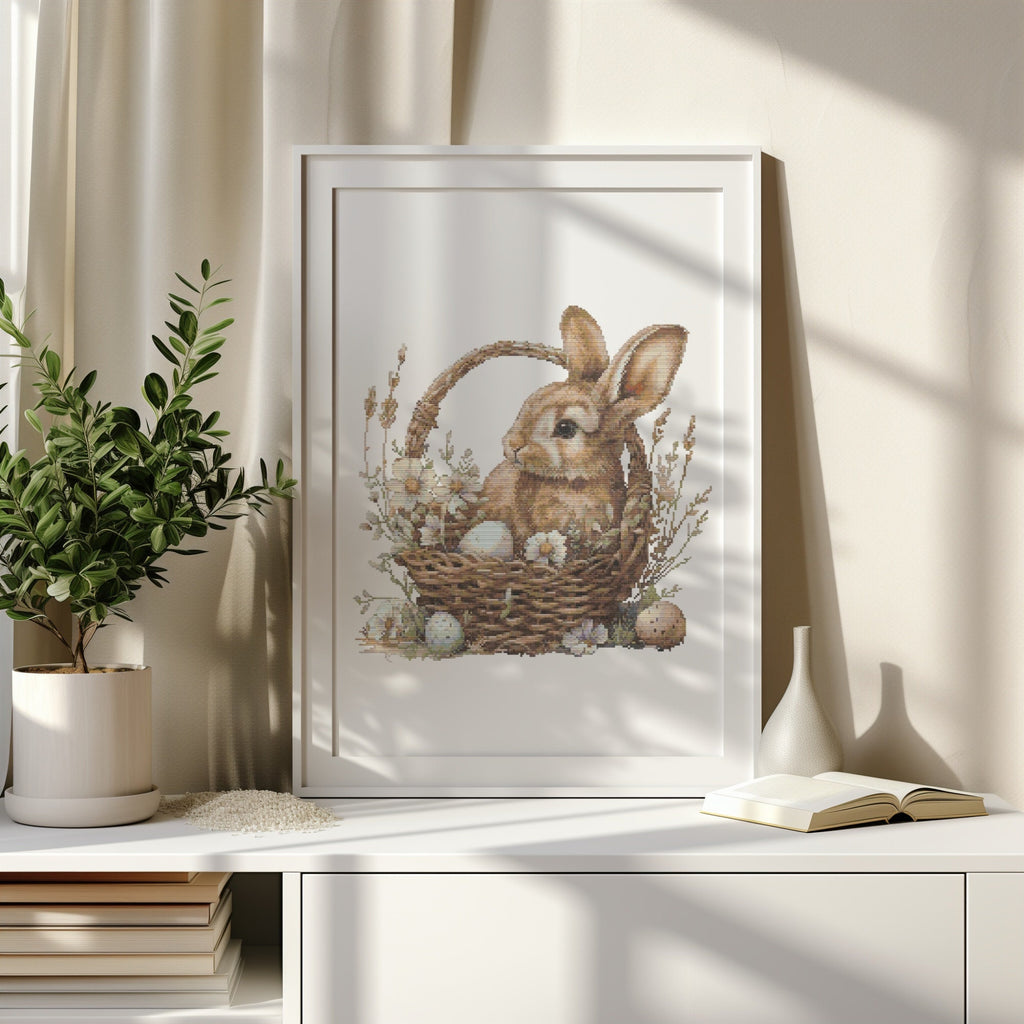 Cross Stitch Pattern With Easter Bunny, Modern Cross Stitch Designs, Easter Embroidery Pattern, Spring Cross Stitch Pattern, Floral Pattern
