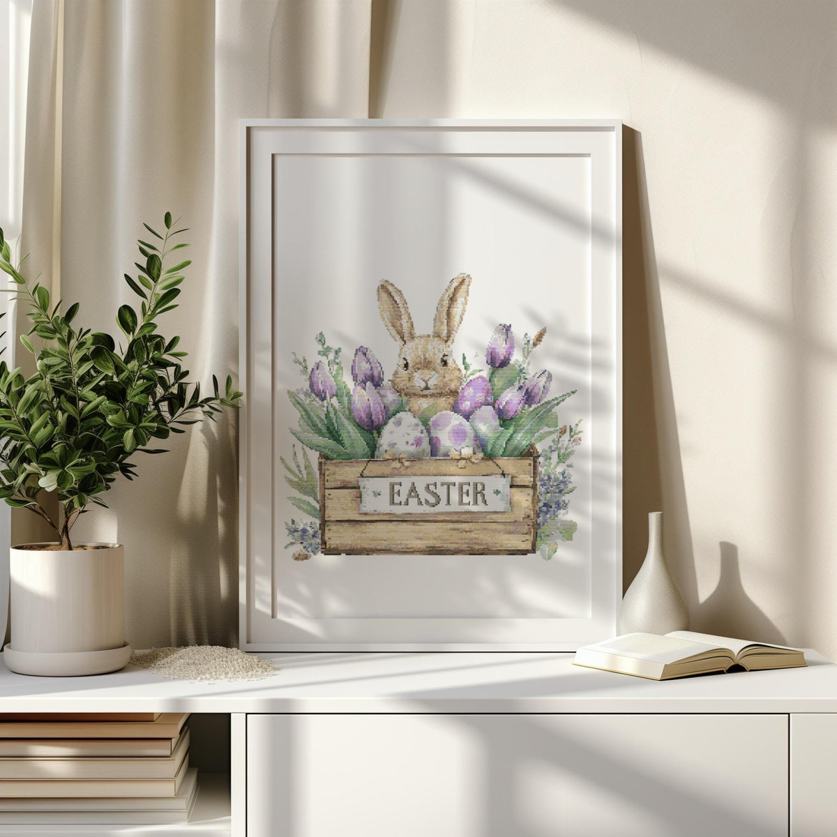 Cross Stitch Pattern With Easter Bunny, Modern Cross Stitch Designs, Easter Embroidery Pattern, Spring Cross Stitch Pattern, Floral Pattern