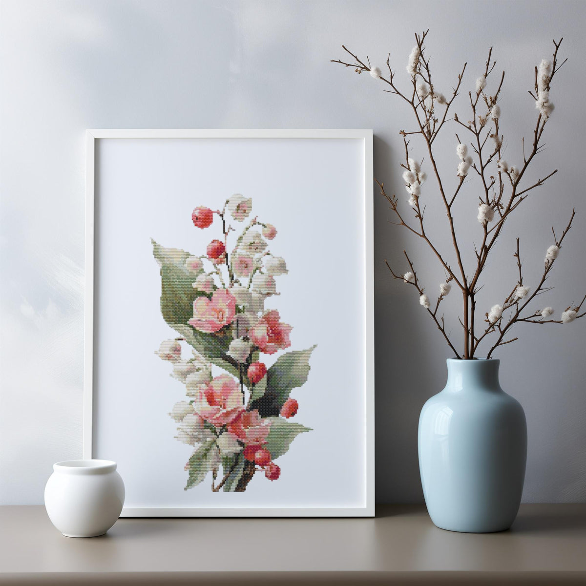 Cross Stitch Pattern With Lily Of The Valley, Hawthorn, Counted Cross Stitch Designs, May Birth Flower Cross Stitch Art, Personalised Gifts