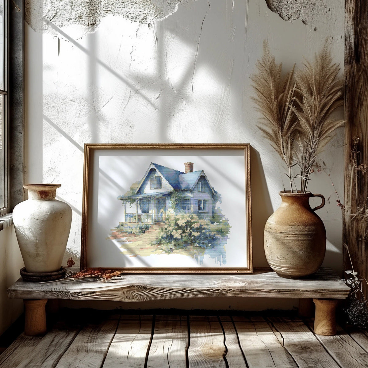 Cross Stitch Pattern With Seaside Cottage, Coastal Embroidery Pattern, Counted, Beach House Cross Stitch Designs, Seascape Cross Stitch Pdf