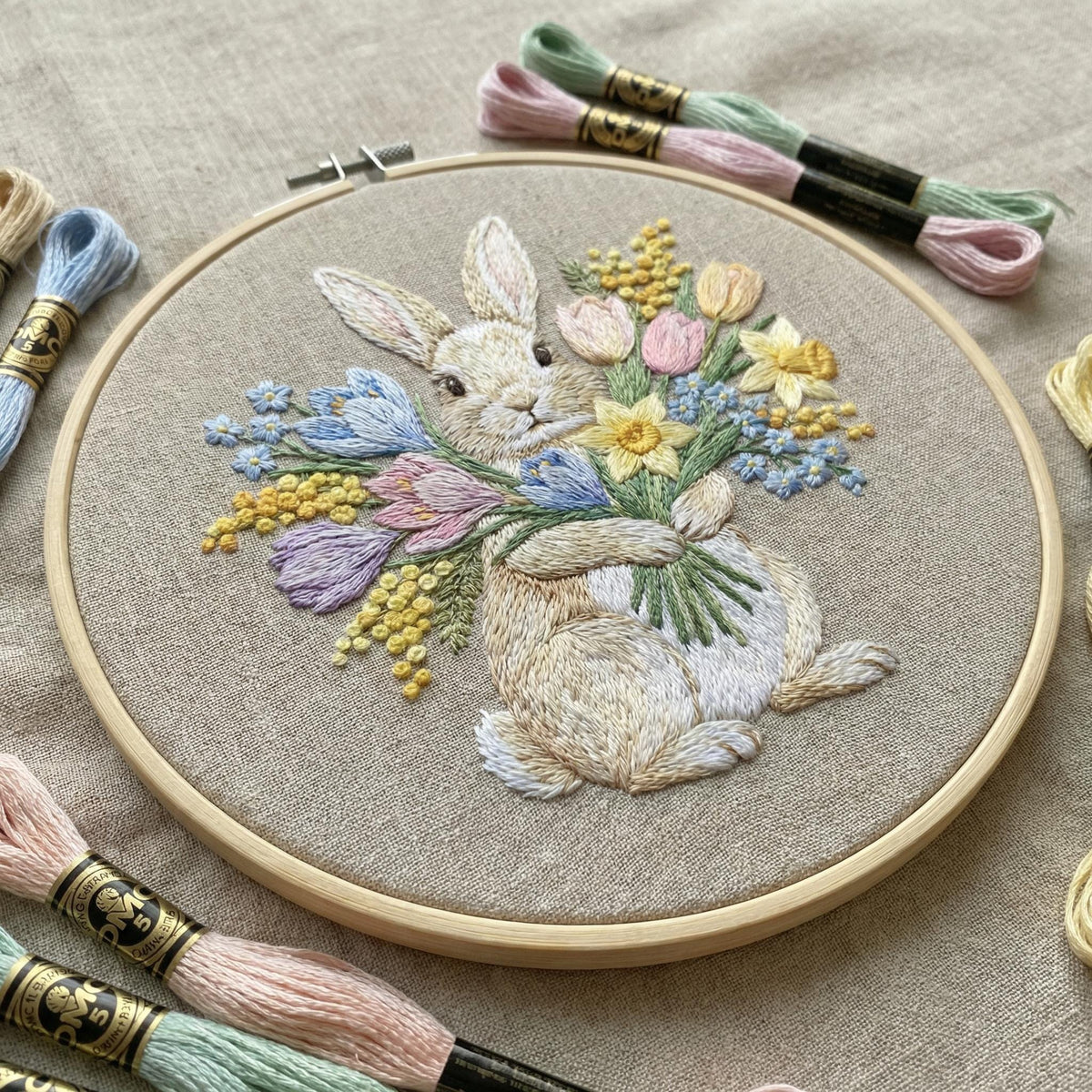 Spring Embroidery Pattern PDF With Bunny, Easter Hand Embroidery Template With Rabbit, Do It Yourself Gifts, Happy Easter Gift For Grandma