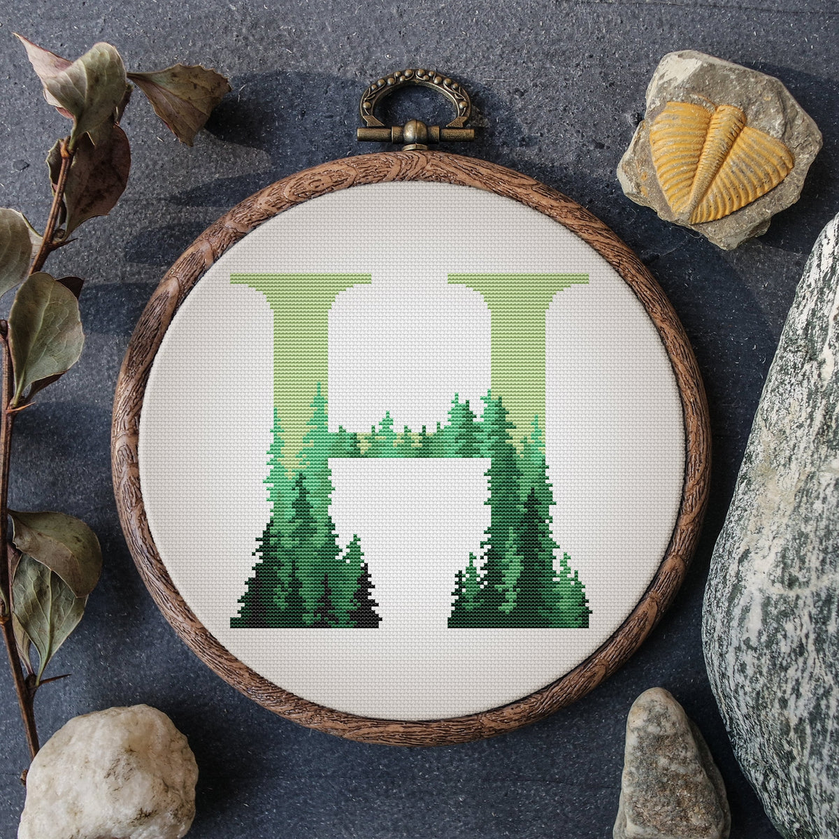 Letter Cross Stitch Pattern Green Forest Monogram Cross Stitch Designs Count Name Initials Embroidery Pattern Sampler Digital Downloads