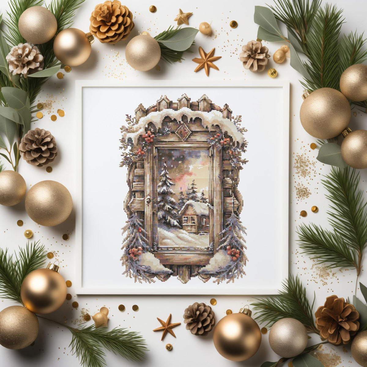 Christmas Cross Stitch Pattern With Forest Cabin, Christmas Embroidery Designs, Counted Winter Cross Stitch Charts, Compatible With Pattern Keeper