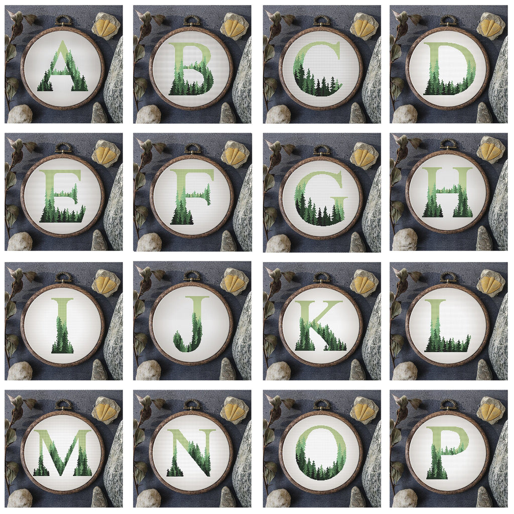 Monogram Cross Stitch Pattern Sampler Green Letter  Embroidery Pattern Forest Alphabet Counted Easy Cross Stitch Chart Instant download