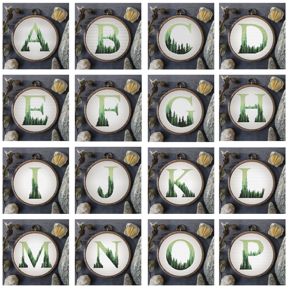 Monogram Cross Stitch Pattern Sampler Green Letter  Embroidery Pattern Forest Alphabet Counted Easy Cross Stitch Chart Instant download