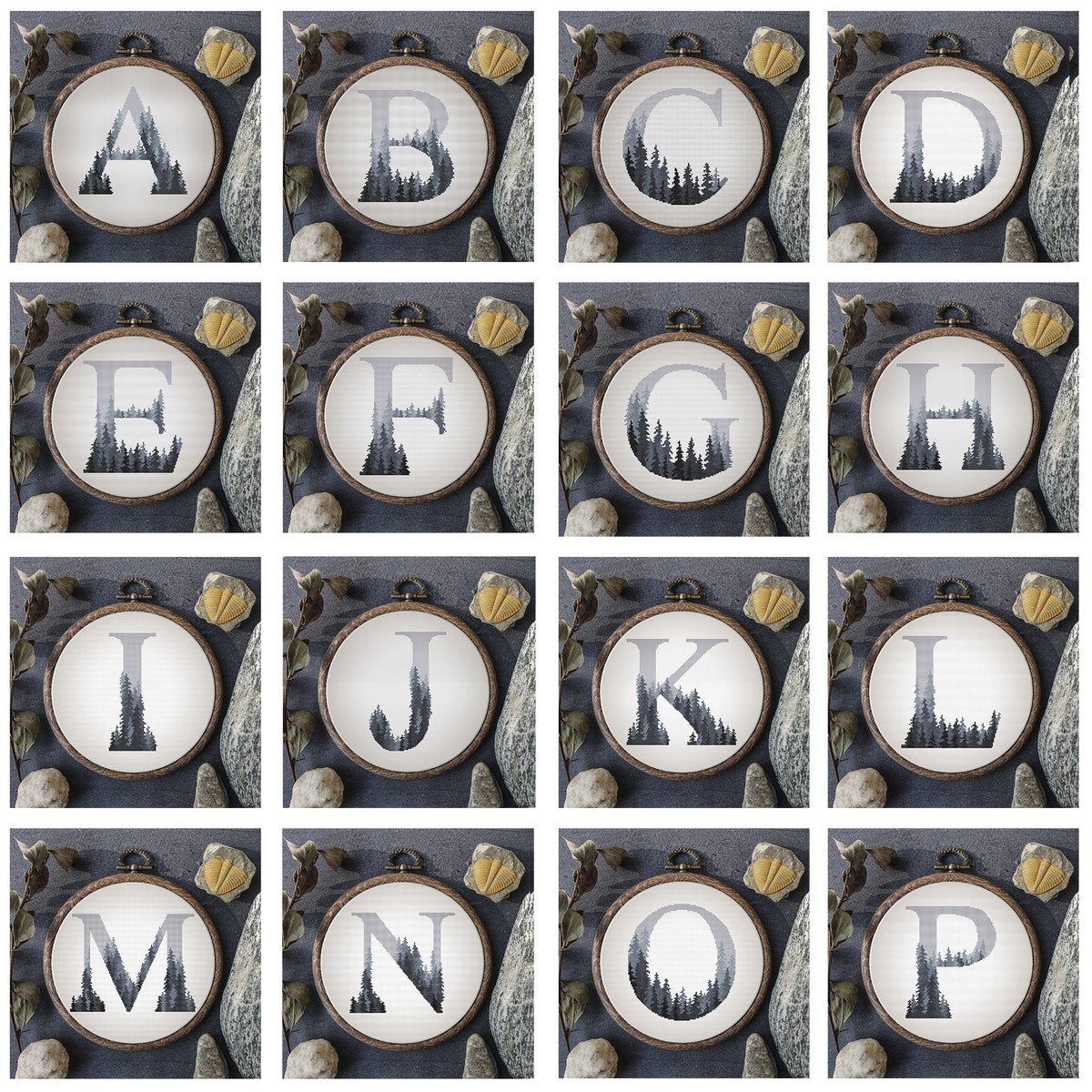 Modern Monogram Cross Stitch Pattern, Forest Embroidery Pattern, Customisable Letter Cross Stitch Chart, Easy Cross Stitch For Beginners