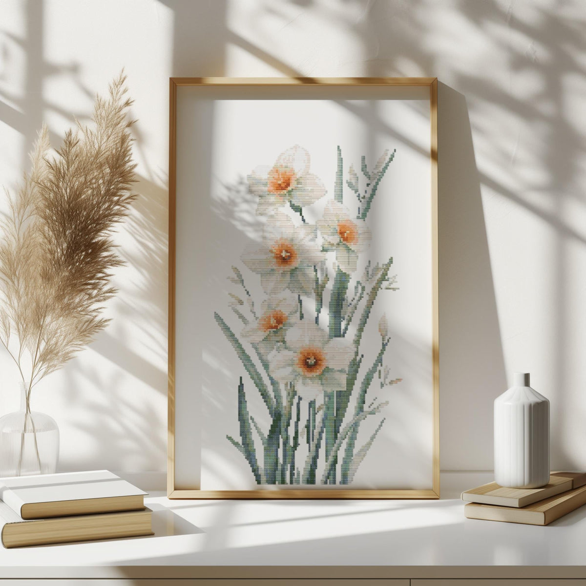 Cross Stitch Pattern With White Narcissus, Counted Cross Stitch Designs, Birth Flower Embroidery PDF, December Birth Flower Cross Stitch Art