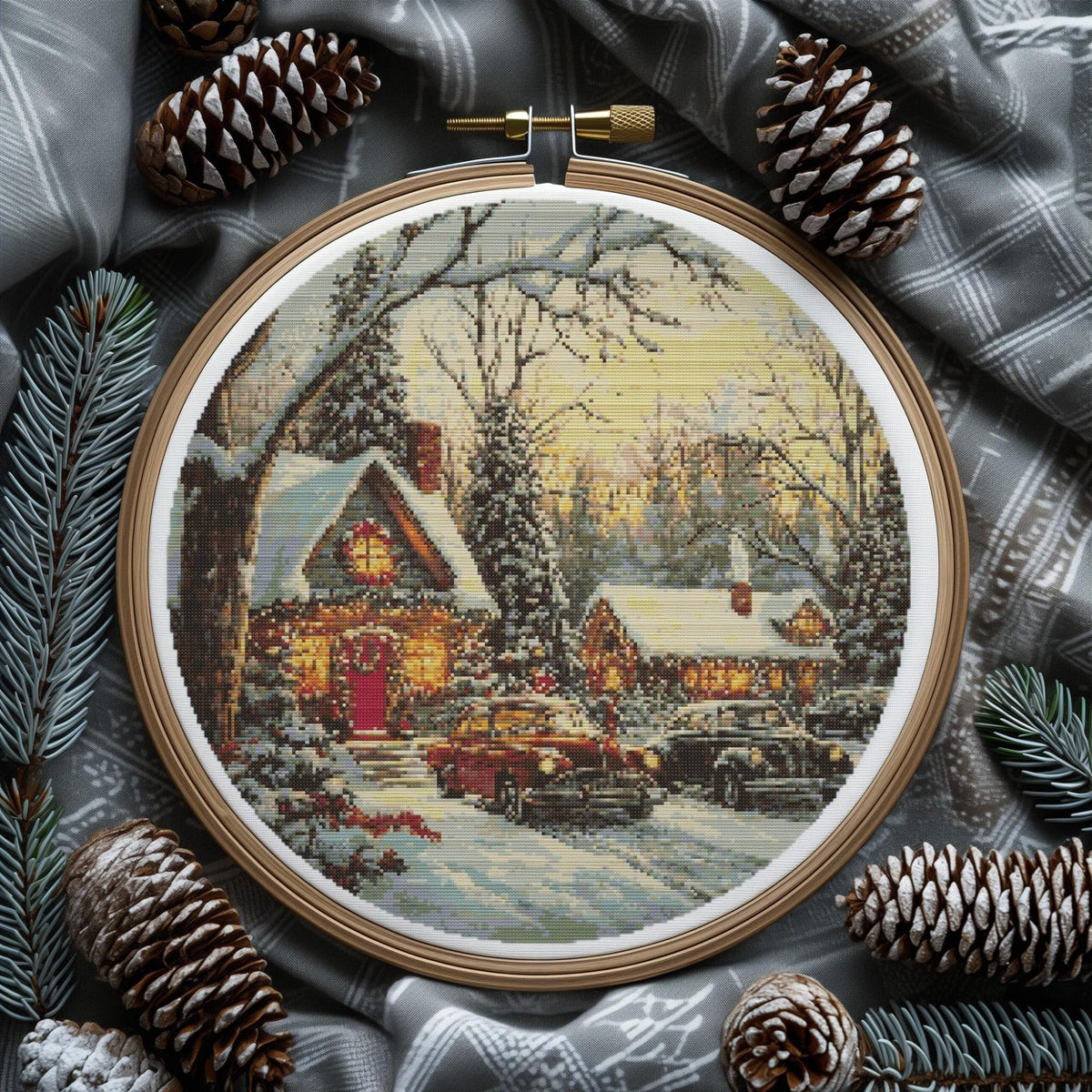 Cross Stitch Pattern PDF, Counted, Vintage Car Cross Stitch Art, Cozy Winter Embroidery Designs With Cottage, Cottagecore Cross Stitch Chart