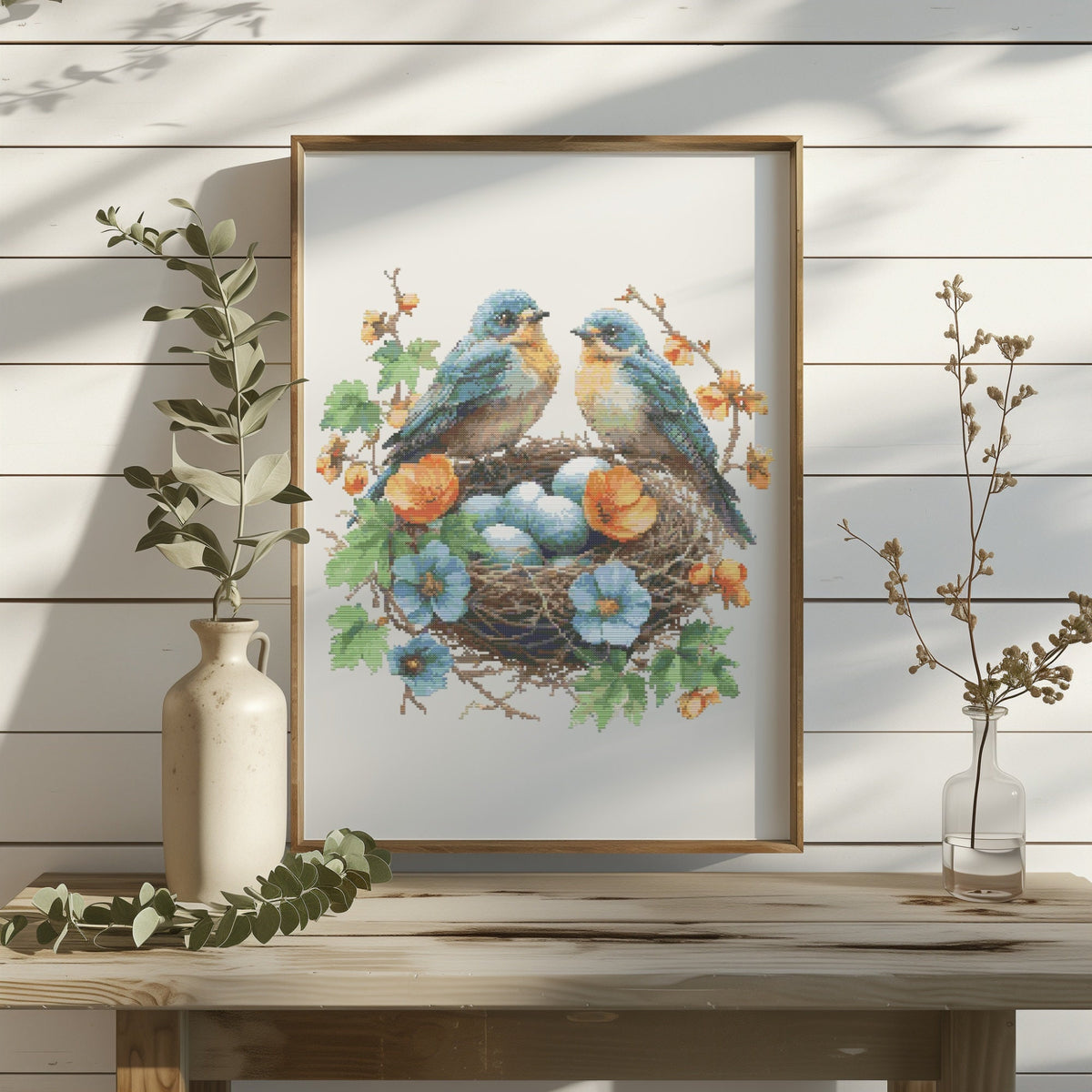 Cross Stitch Pattern Pdf Birds In Nest, Spring Cross Stitch Design, Counted, Floral Embroidery File, Cross Stitch Art, Gift For Grandma