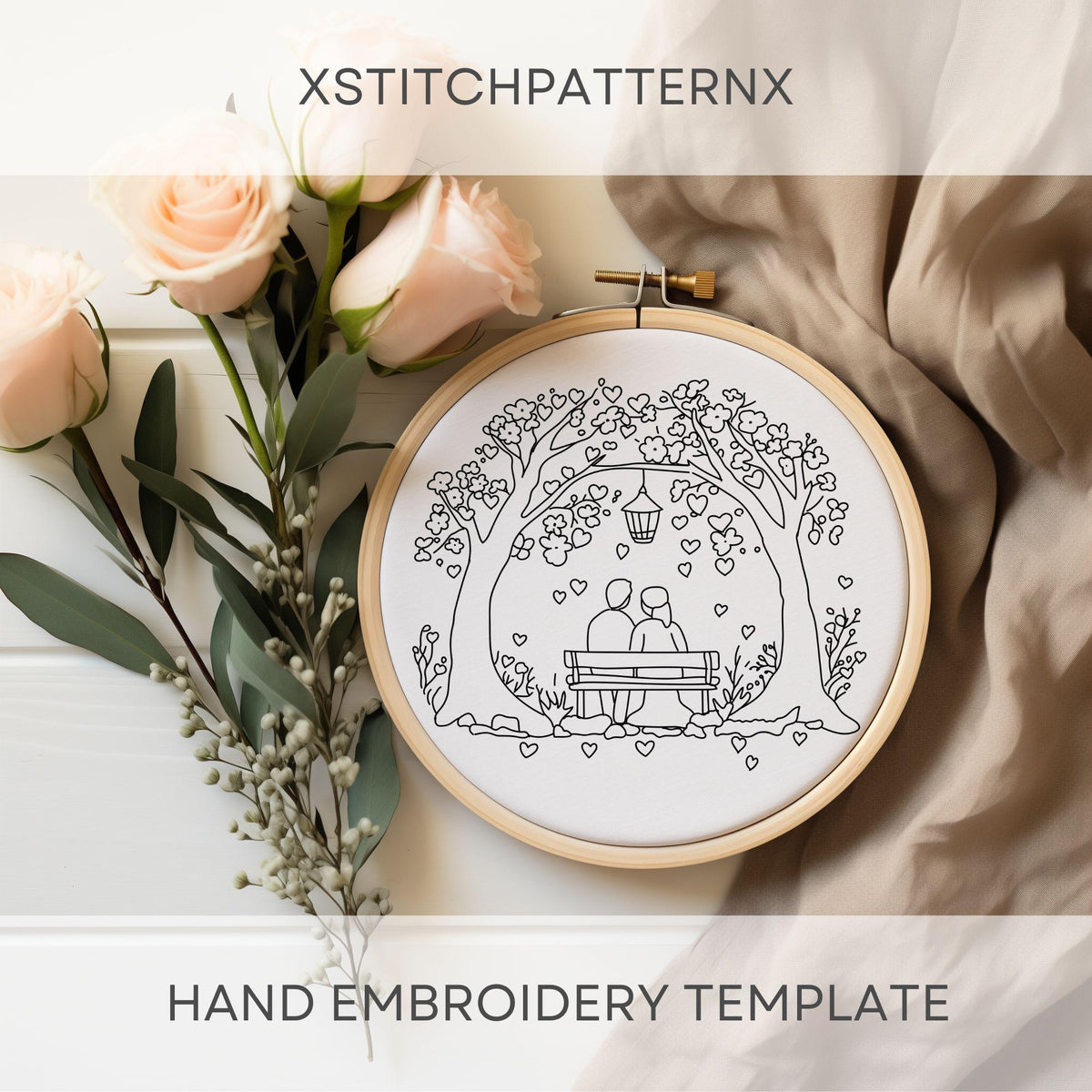 Fall Embroidery Pattern, Hand Embroidery Pattern Pdf, Valentine Embroidery Template With Couple, Red Hearts, Modern Embroidery Design