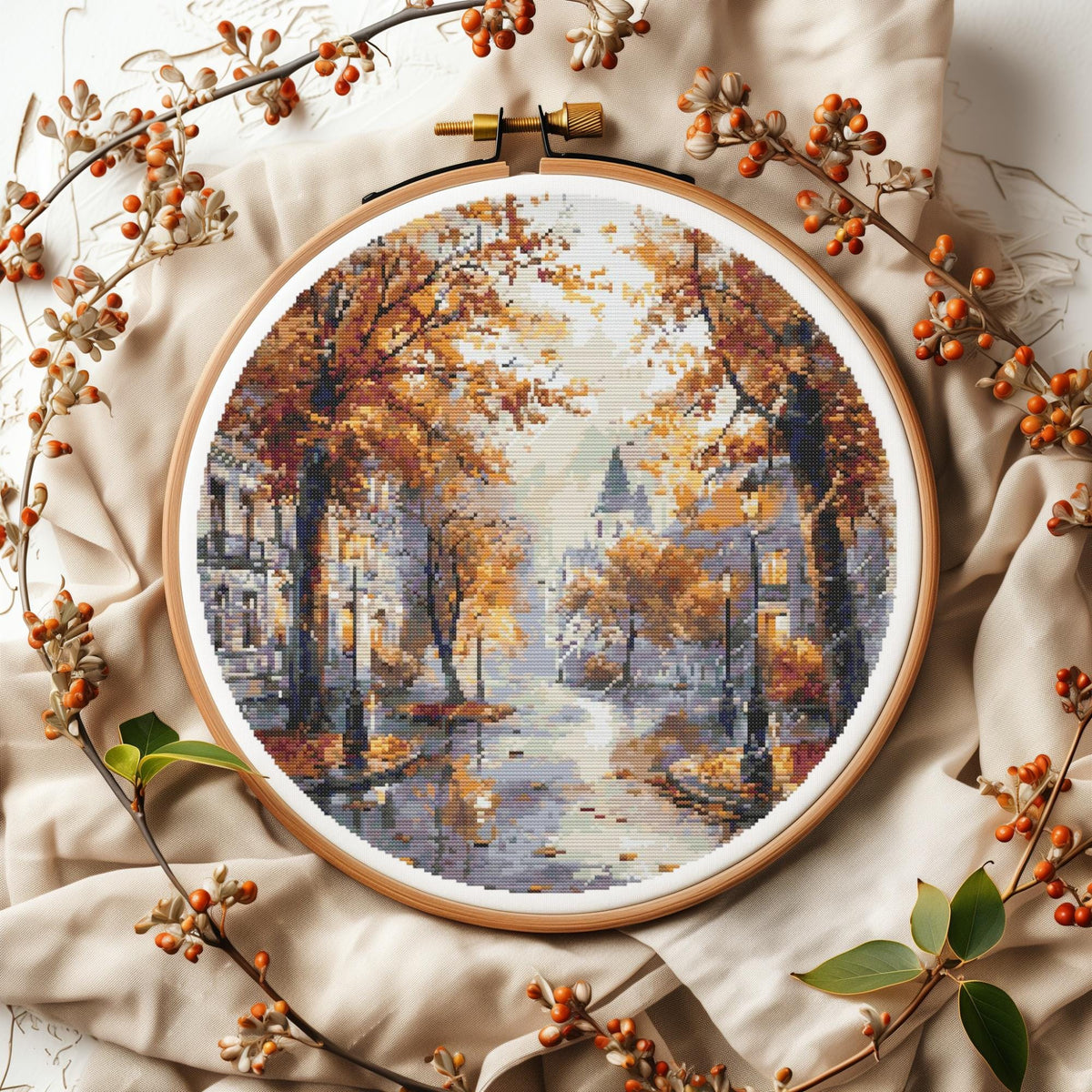 Watercolor Cross Stitch Pattern Rainy City Cross Stitch Designs Modern Fall Embroidery Pattern Pdf Counted Autumn City Cross Stitch Charts