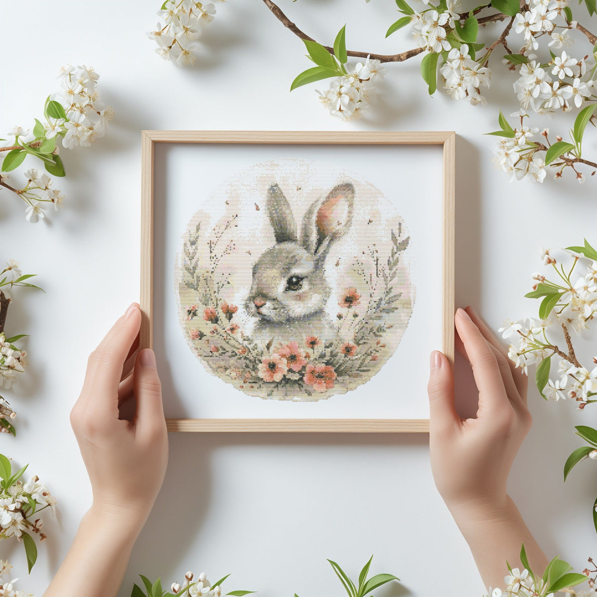 Modern Cross Stitch Pattern With Bunny, Easter Cross Stitch Art, Easter Embroidery Pattern, Spring Cross Stitch Pattern, Floral Pattern