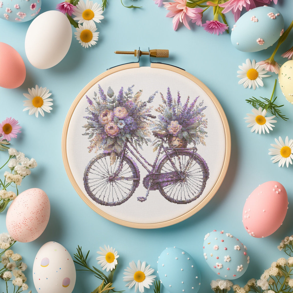 Summer Cross Stitch Pattern With Lavender Bike, Modern Cross Stitch Designs Embroidery Designs, Floral Cross Stitch Scheme PDF, Counted