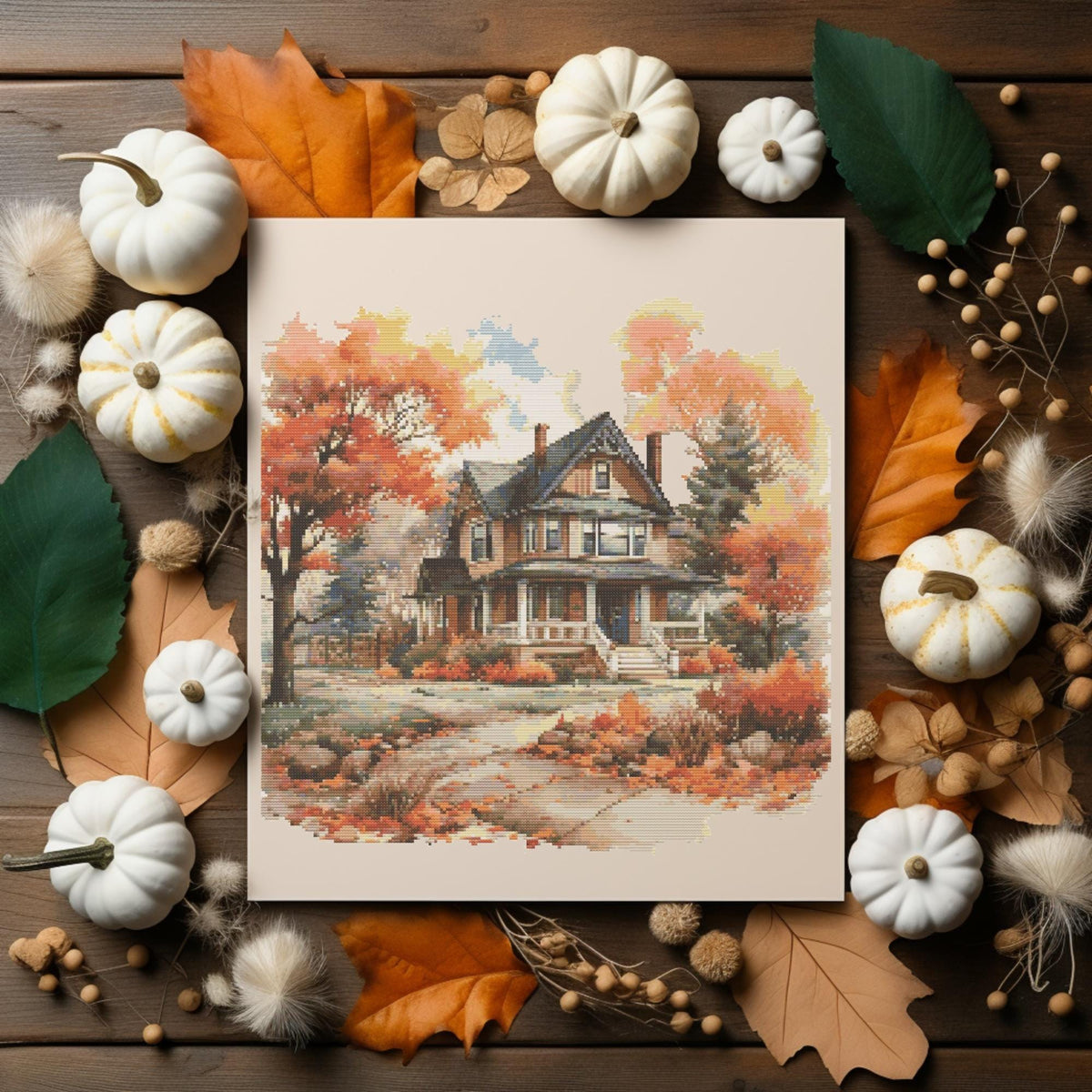 Fall Cross Stitch Pattern With Country Cottage, Counted, Rustic Landscape Cross Stitch Designs, Cottagecore Embroidery Pattern
