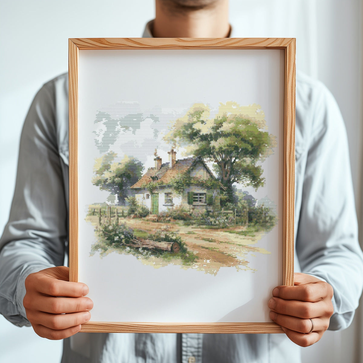 Cross Stitch Pattern With Country Cottage, Rustic Landscape Cross Stitch Designs, Country Embroidery Pattern, Counted Cross Stitch Sampler