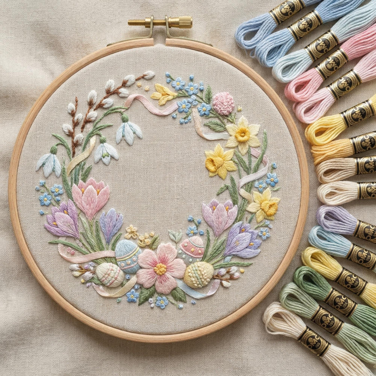 Easter Embroidery Pattern PDF With Floral Wreath, Eggs, Spring Hand Embroidery Template, Do It Yourself Gifts, Happy Easter Gift For Grandma