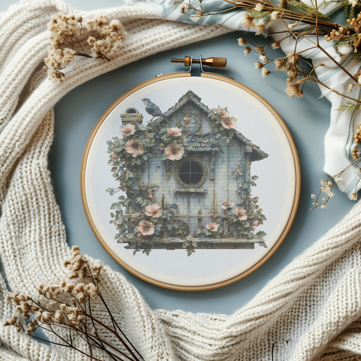 Spring Cross Stitch Pattern Pdf With Birdhouse, Vintage Cross Stitch Designs With Flowers, Bird Embroidery Pattern, Cross Stitch Art Counted