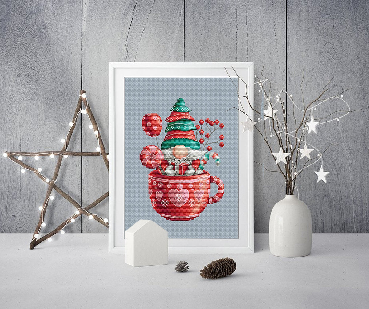 Gnome Cross Stitch Pattern, Counted Christmas Cross Stitch Chart, Holiday Embroidery, Easy Cross Stitch For Beginners